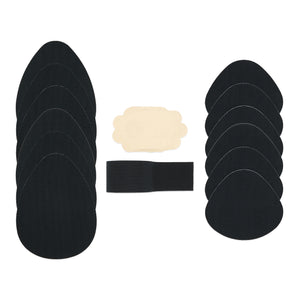 Black party pack containing six pieces of classic cut tear drop pre-cut shape tape, six pieces of shorty cut tear drop pre cut shape tape, one roll of boob tape and three pairs of nipple covers.