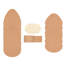 Load image into Gallery viewer, Beige party pack containing six pieces of classic cut tear drop pre-cut shape tape, six pieces of shorty cut tear drop pre cut shape tape, one roll of boob tape and three pairs of nipple covers.