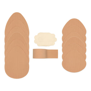 Beige party pack containing six pieces of classic cut tear drop pre-cut shape tape, six pieces of shorty cut tear drop pre cut shape tape, one roll of boob tape and three pairs of nipple covers.