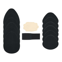 Load image into Gallery viewer, Black party pack containing six pieces of classic cut tear drop pre-cut shape tape, six pieces of shorty cut tear drop pre cut shape tape, one roll of boob tape and three pairs of nipple covers.
