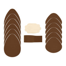 Load image into Gallery viewer, Brown party pack containing six pieces of classic cut tear drop pre-cut shape tape, six pieces of shorty cut tear drop pre cut shape tape, one roll of boob tape and three pairs of nipple covers.