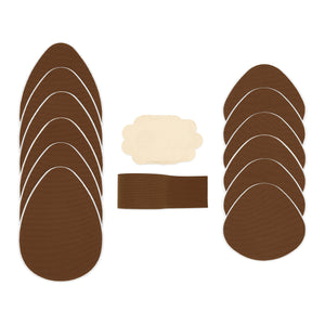 Brown party pack containing six pieces of classic cut tear drop pre-cut shape tape, six pieces of shorty cut tear drop pre cut shape tape, one roll of boob tape and three pairs of nipple covers.