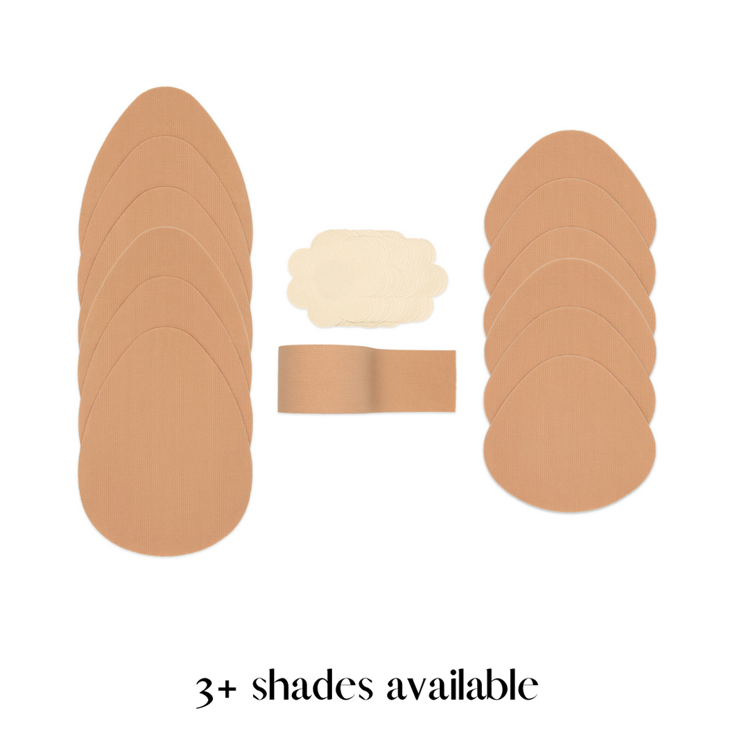 Party pack containing six pieces of classic cut tear drop pre-cut shape tape, six pieces of shorty cut tear drop pre cut shape tape, one roll of boob tape and three pairs of nipple covers. Three shades available.