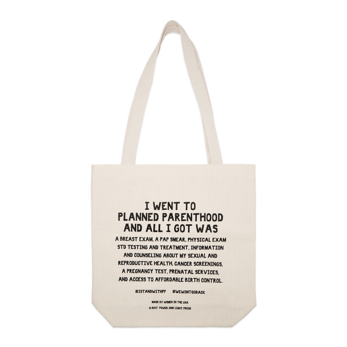 Planned parent hood 13x14inches canvas tote bag with two shoulder straps the text on the bag reads 